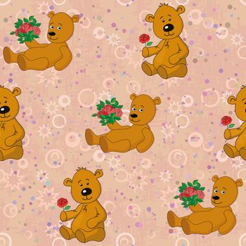 Seamless pattern, cartoon teddy bears with holiday gift bouquets of flowers roses on abstract background.