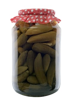 Jar of canned cucumbers isolated on white