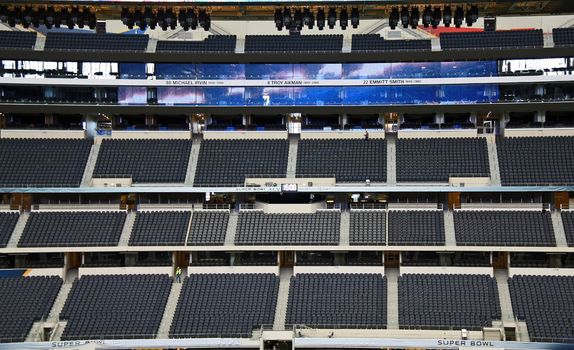 ARLINGTON - JAN 26: A view of the FOX Sports super bowl broadcast press box and triplets ring of honor in Cowboys Stadium in Arlington, Texas. Taken January 26, 2011 in Arlington, TX.
