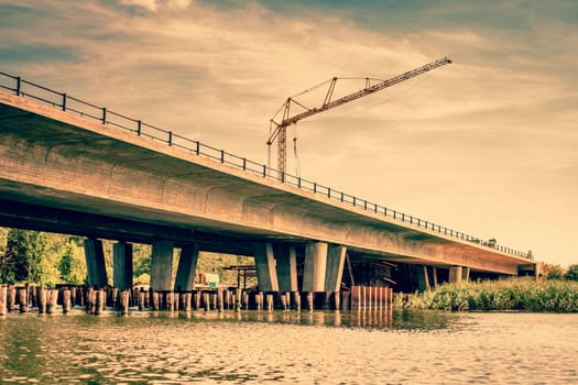 Bridge construction area with a crane