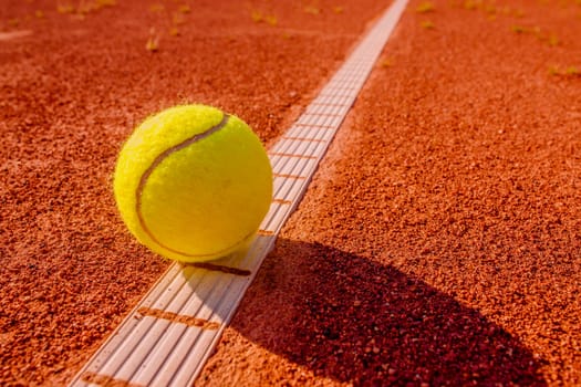 Yellow tennisball on the line at a clay court