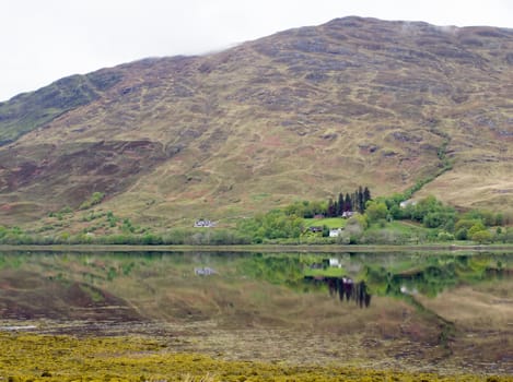 Scottish Loch with reflection of hillside