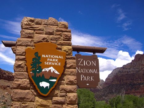 Entrance sign to Zion National Park, Utah USA
