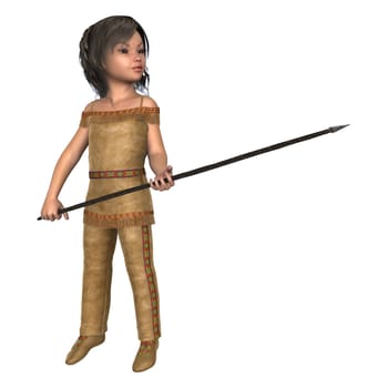 3D digital render of a cute little girl in an indiana costume holding a spear isolated on white background