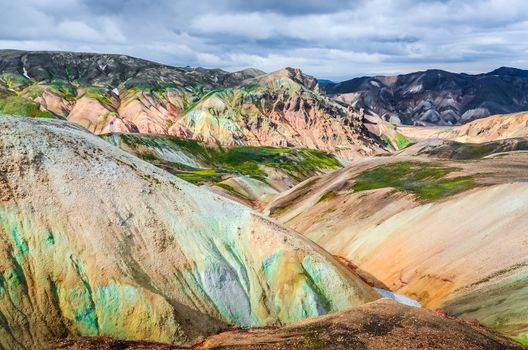 Scenic landscape view of Landmannalaugar colorful volcanic mountains, Iceland