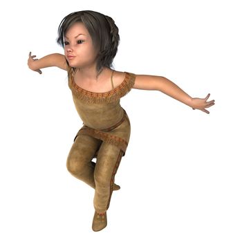 3D digital render of a cute dancing little girl in an indiana costume isolated on white background