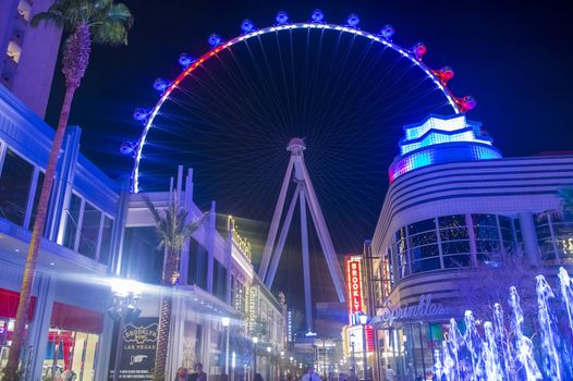 LAS VEGAS - MARCH 15 : The Linq, a dining and shopping district and High Roller at the center of the Las Vegas Strip on March 15 2014 , The High Roller is the world's largest observation wheel