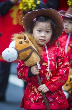 SAN FRANCISCO - FEB 15 : Unidentified dress up children performing during the Chinese New Year Parade in San Francisco , California on February 15 2014 , It is the largest Asian event in North America 