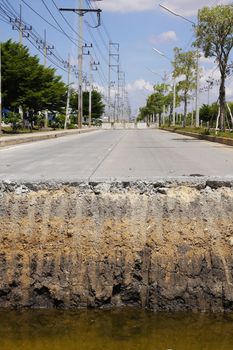 Cutting surface of concrete road under construction