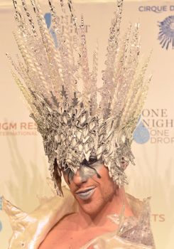 LAS VEGAS - MARCH 21:  A Cirque du Soleil performer arrives at Cirque du Soleil's annual 'One Night for One Drop' at the Mandalay Bay Resort and Casino on March 21, 2014 in Las Vegas, Nevada