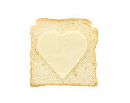 Heart shape cheese on bread isolated on white background