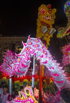 SAN FRANCISCO - FEB 15 : An unidentified participants in a Dragon dance at the Chinese New Year Parade in San Francisco , California on February 15 2014 , It is the largest Asian event in North America 