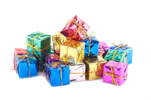 Collection of various gift wrapped presents, isolated on white background