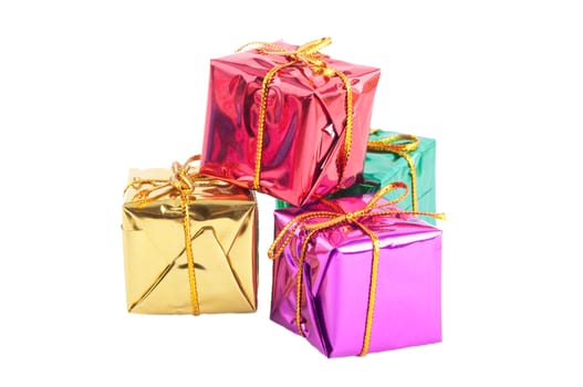 Collection of various gift wrapped presents, isolated on white background