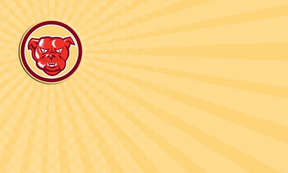 Business card showing illustration of an angry bulldog dog mongrel head mascot showing fangs facing front set inside circle on isolated background done in retro style.