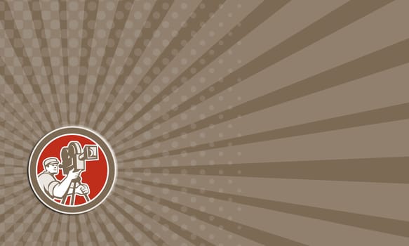 Business card showing illustration of a cameraman movie director with vintage movie film camera set inside circle on isolated background done in retro style.