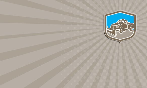 Business card showing illustration of a snow plow truck set inside shield on isolated background done in retro style.