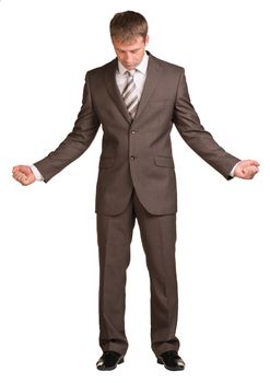 Businessman holding hands up to sides. Isolated on white background.