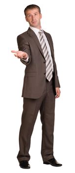 Businessman holding hand up in front of him. Isolated on white background.