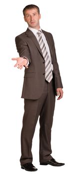 Businessman holding hand up in front of him. Isolated on white background.