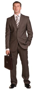 Standing businessman with briefcase. Isolated on the white background.