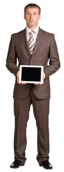 Businessman holding digital tablet. Isolated on white background
