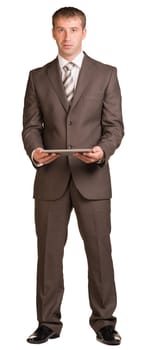Businessman holding digital tablet. Isolated on white background