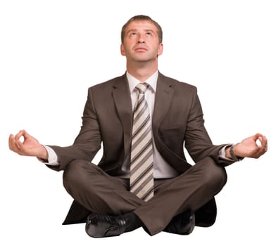 Businessman sitting in lotus position. Isolated on white background