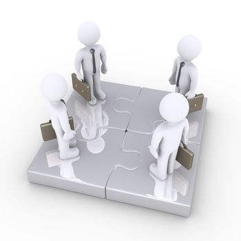 Four 3d businessmen are standing on connected puzzle pieces