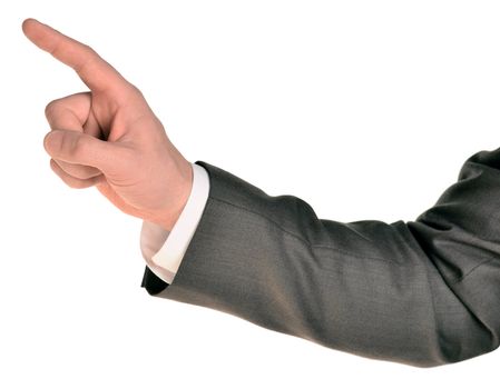 Finger of businessman in suit. Isolated on white background.