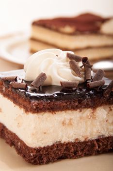 Slice of chocolate cream cake, on a plate