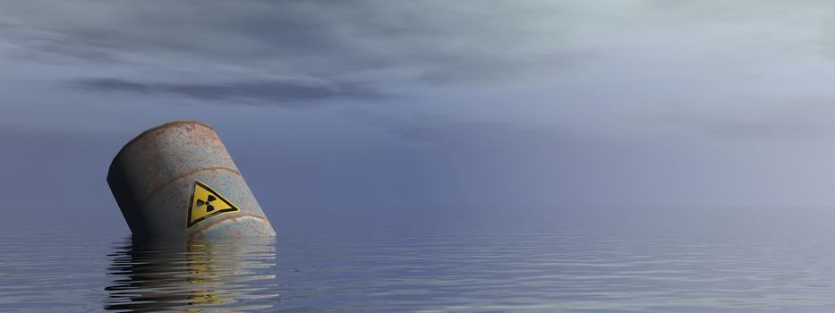 Single radioactive barrel floating in the ocean by morning light - 3D render