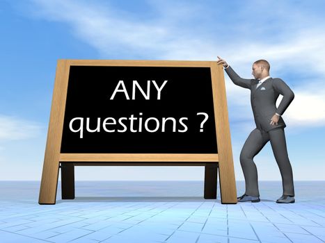 Businessman standing next to a blackboard asking for questions by beautiful day - 3D render