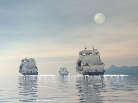 Three old ships floating on the ocean with seagull by sunset with full moon - 3D render