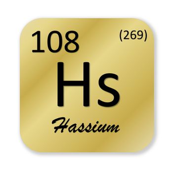 Black hassium element into golden square shape isolated in white background