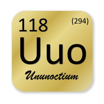 Black ununoctium element into golden square shape isolated in white background