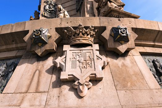 Detail of the stone pedestal of the column of Barcelona (1888) - Spain, monument dedicated to the famous Italian navigator and explorer Cristoforo Colombo (1451-1506)