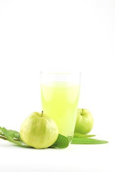 Guava and guava juice (tropical fruit) on white background