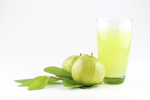 Guava and guava juice (tropical fruit) on white background