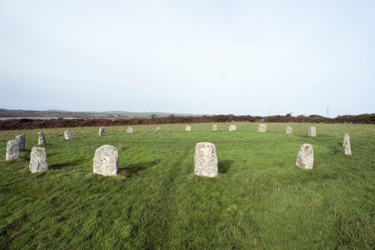 The Merry Maidens Stone Circle in Cornwall one of the best preserved Neolithic circles in Cornwall with nineteen granite megaliths