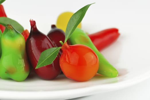 Thai style marzipan fruits. Thai dessert fruit-imitated soybean dumpling coated with jelly