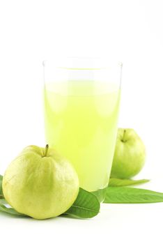 Guava and guava juice (tropical fruit) on white background