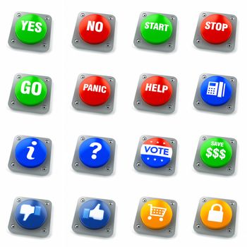 Set of 16 push buttons rendered in very high resolution, communicating a variety of popular concepts.