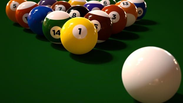 A set of racked pool balls on a table with a cueball in the foreground.