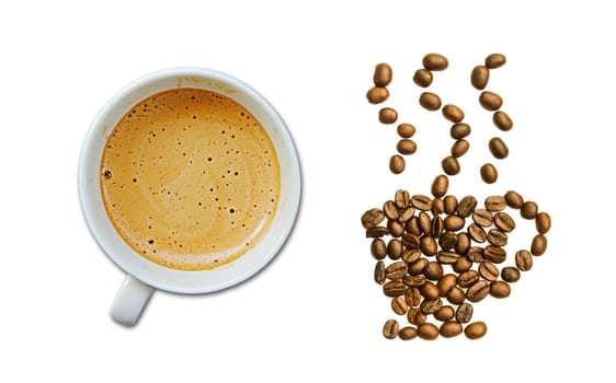 Cup of coffee with coffee beans, isolated on white