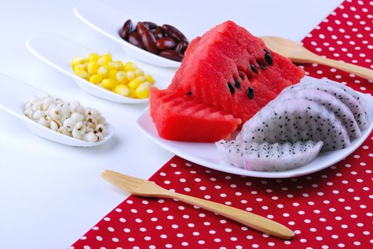 pieces of refreshing watermelon and dragon fruit