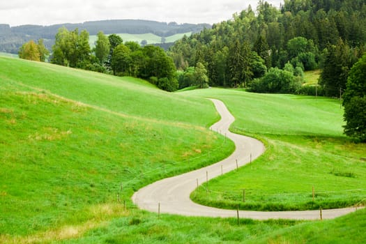 winding country road between green fields in the mountains