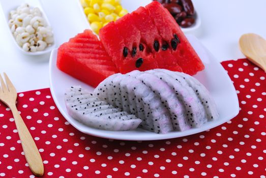 pieces of refreshing watermelon and dragon fruit