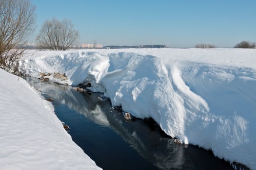 Scenic landscape with small river with high steep snowy banks in bright winter afternoon