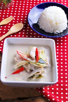 Rice ,stuffed omelette and tom kha kai ,chicken with coconut milk soup.